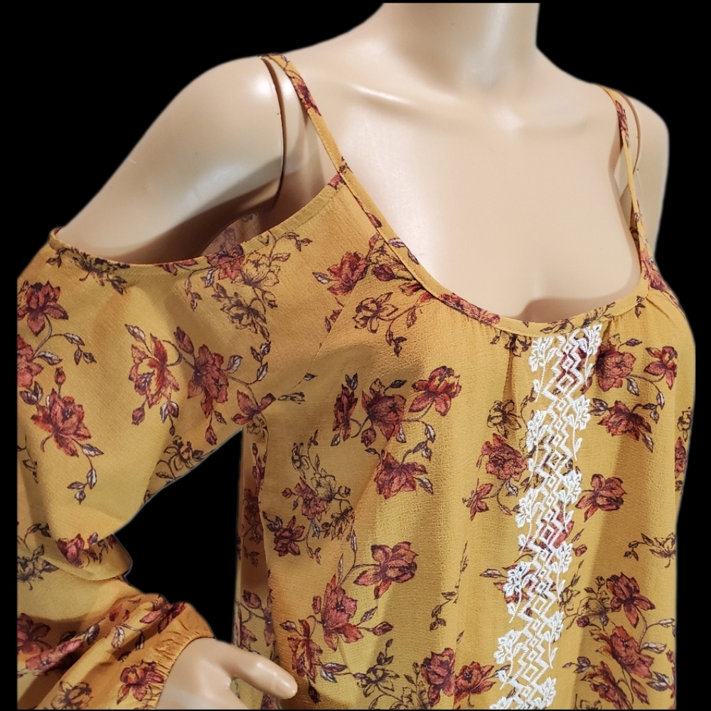 Rewind Mustard Yellow w/Floral Print Long Sleeve Cold Shoulder Top Blouse Size M